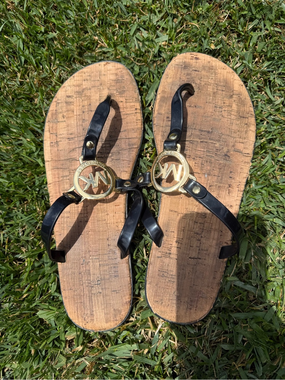 Michael Kors Black Strappy Sandals with Gold MK Medallions